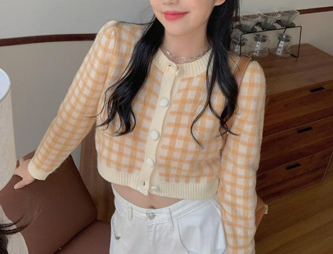 

Sweater Cardigan Women s High Waist Short Gentle Retro Plaid Long Sleeve Top Spring and Autumn New Knitted Jacket One size