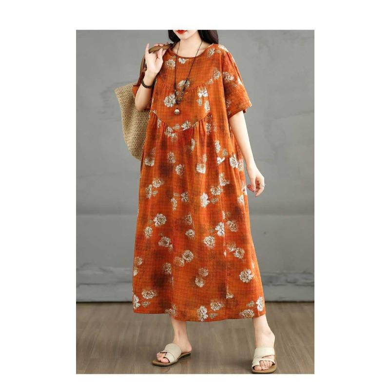 Summer Retro Cotton and Linen Round Neck Short Sleeved Dress, Women's Loose Letter Skirt