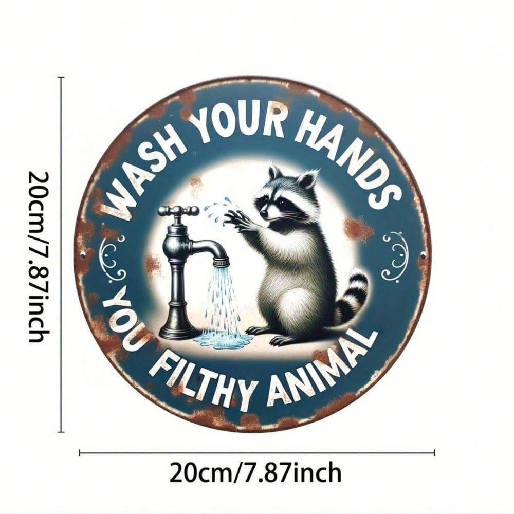 Retro Round Tin Sign Wall Art - 8 Inch Vintage Raccoon Rustic Plaque for Home Bar Kitchen Decor