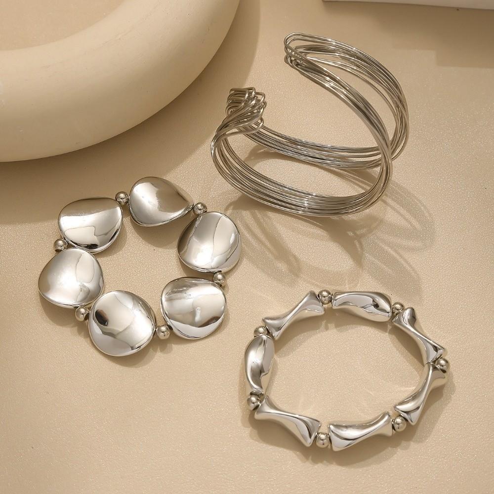 3 Pcs/Set Exaggerated Geometric Bangle Metal Women's Hand Bracelet Delicate Bracelet Set  Women
