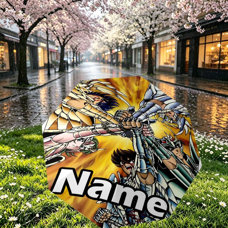 Custom Name Personalized Saint Seiya Print Umbrella, Auto Open Close, 8‑Rib Sturdy Frame, Commute Camping Hiking Use, Birthday Gift