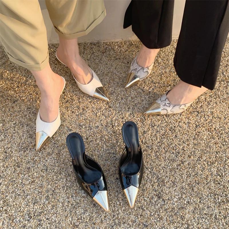 Fashion Spring Fashion Serpentine Pointed Toe Women Slippers Luxury High Heels Sexy Thin Heels Sandals Stripper Banquet Mule Female Shoe