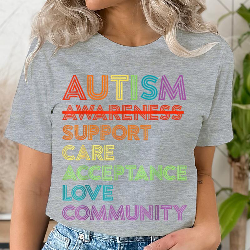 Autism Acceptance and The Neurodiversity Graphic Print Tshirt Short Sleeve ONeck Casual Top for Summer Spring Womens Clothing