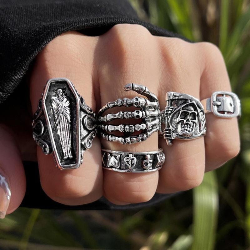 1 Set Gothic Skull Rings Set for Women Men Antique Silver Metal Skeleton Skull Belt Buckle Finger Ring Punk Jewelry