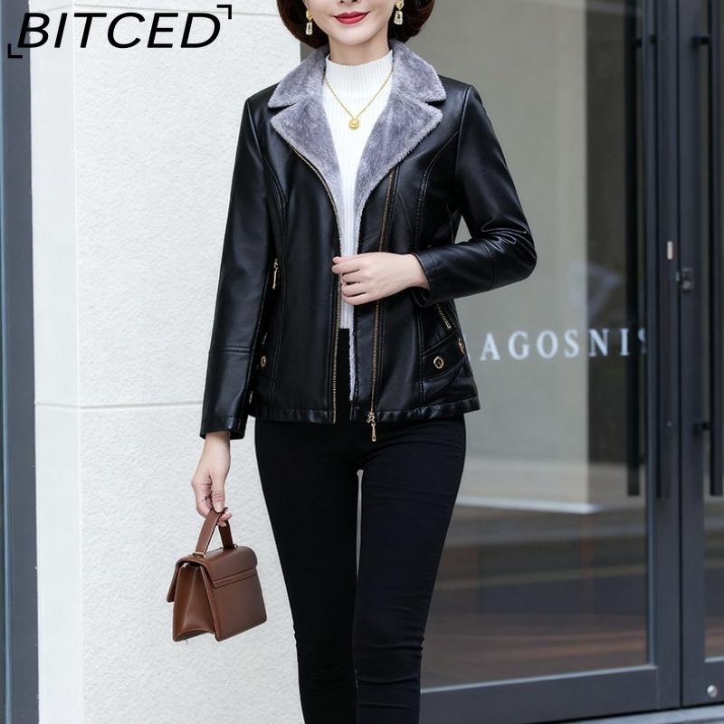 BITCED PU Leather Jacket Casual Plus Size Fleece-Lined Thickened Middle-Aged and Elderly Leather Jacket