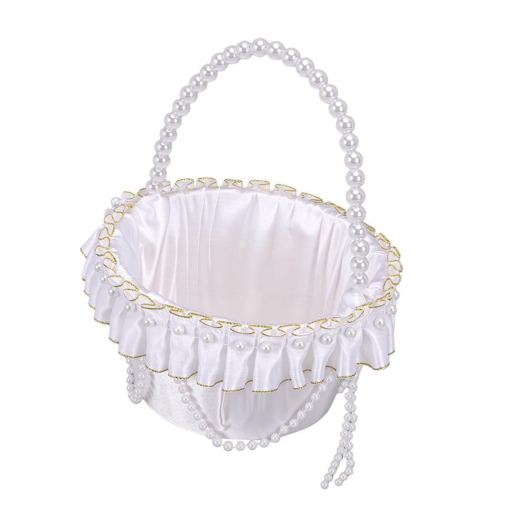 Hochzeit Blumenmädchen Korb mit Perlenhenkel Satin Blume Aufbewahrungskorb für Party Haus Dekoration Weiß