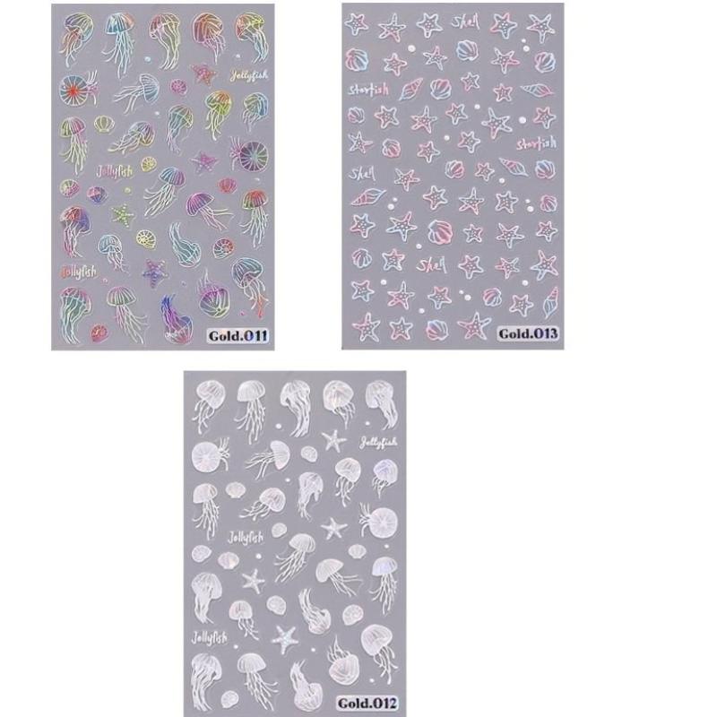Jellyfish Summer Beach Nail Stickers Colorful Shell Starfish Conch Fish Adhesive Sliders Embossed Decals Manicure Foils Decor