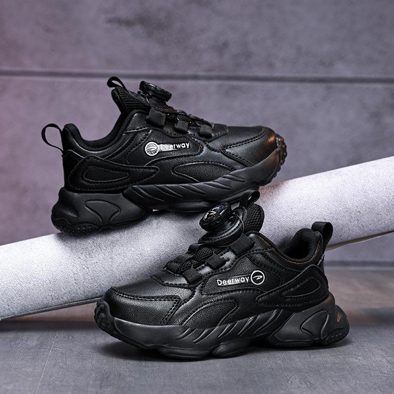 Delhui Classmates Boys Little White Shoes Rotating Button Children's Leather Sneakers School Girls Double Net Running Shoes