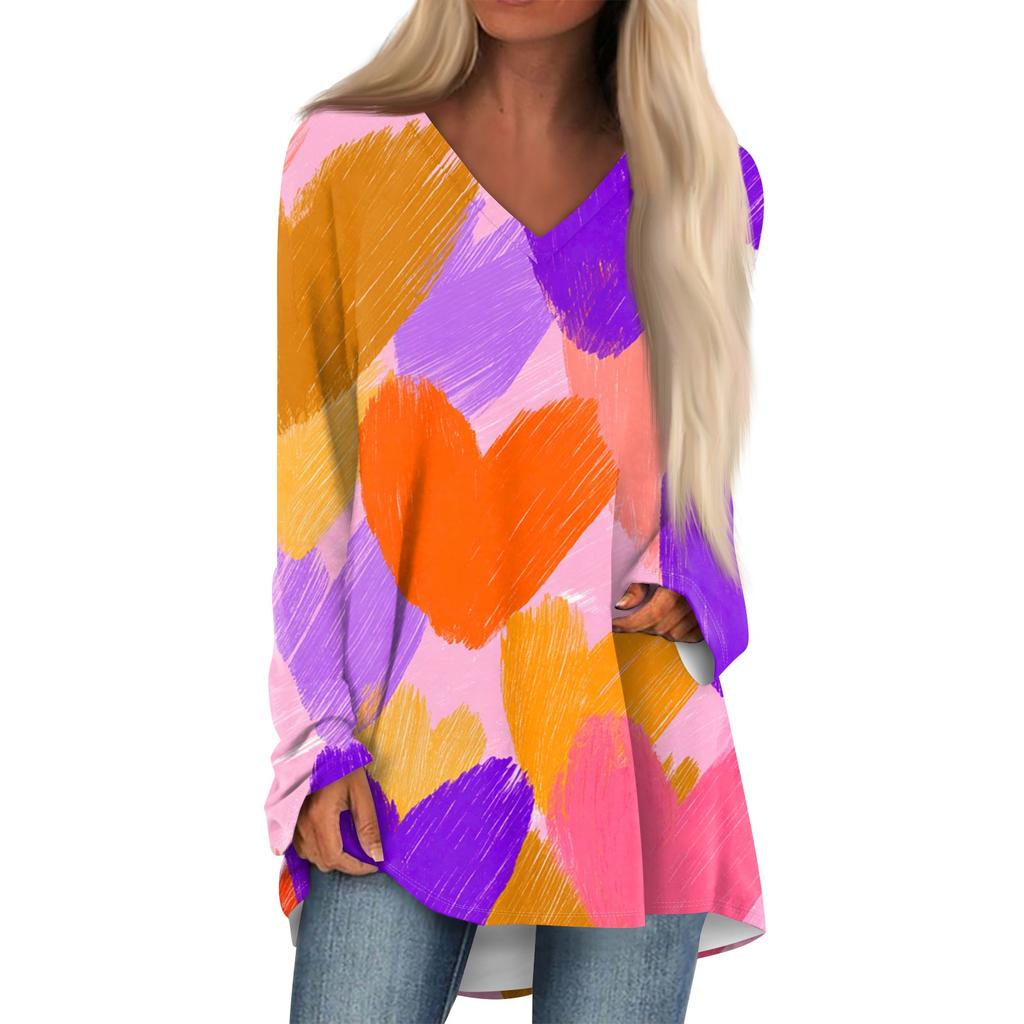 Women's Fashionable Casual Long-Sleeved Valentine's Day Print V-Neck Mid-Length Top