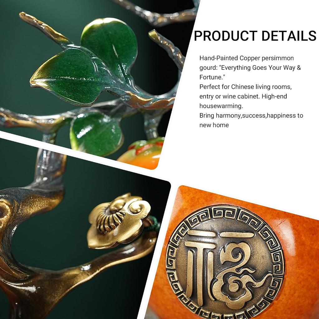 Aris & Juno Chinese Lucky Copper Calabash Statue with Jade Pingan Buckle - 13.7" Feng Shui Decor for Wealth & Fortune