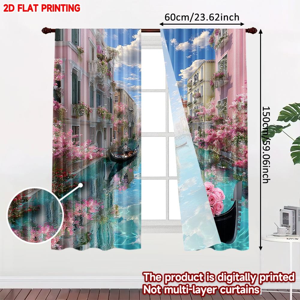 Set Of 2 Venice Canal Curtains Digital Printing Pastel Buildings Gondolas Pink Flowers Blue Sky Living Room Decor Curtain Polyester Perfect For