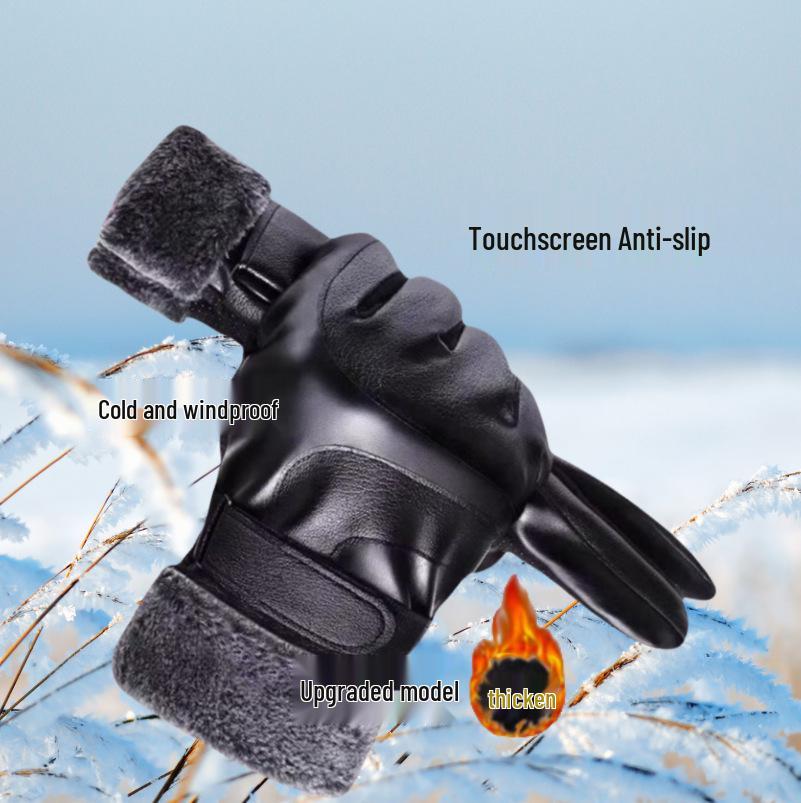 Men's Winter Warm Leather Motorcycle Gloves - Waterproof, Touch Screen, Plus Velvet Lining.