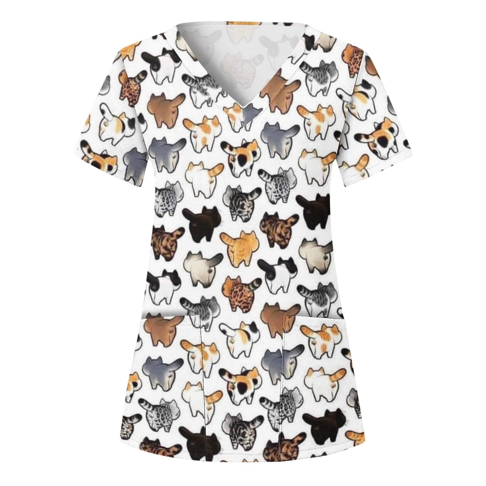 

Футболка с v-образным вырезом и 3D цифровым принтом, женские футболки с карманами и рисунком кота и собаки, модные свободные топы с короткими рукавами XXL