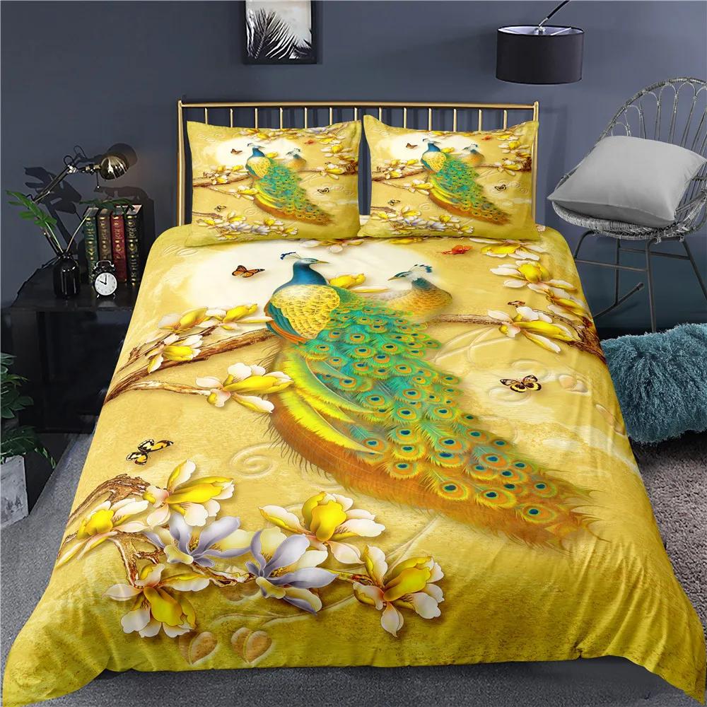 Peacock Duvet Cover Plum Blossom Decor Bedding Set King Size Crane Peacock Feather Floral Pattern Romantic Polyester Quilt Cover