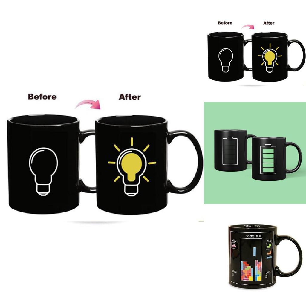 Farbwechselnde Keramiktasse mit Glühbirnen-, Tetris- und Batteriemuster zum Verschenken und für Werbezwecke