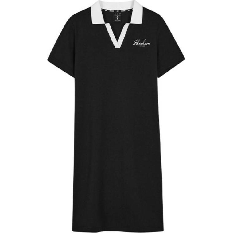 Skechers Letter Print Polo Neck Comfortable Breathable Short Sleeve Dress Women dresses Carbon-Black L224W095-0018 M