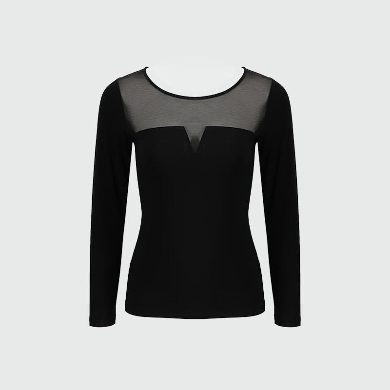 

Женский облегающий трикотажный топ Yuyue с круглым вырезом, слегка прозрачный и теплый M, small round neck чёрный