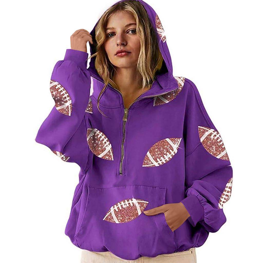 Women's Sports Shirt With Rugby Sequins And Pockets Long Sleeved Half Zip Hooded Top