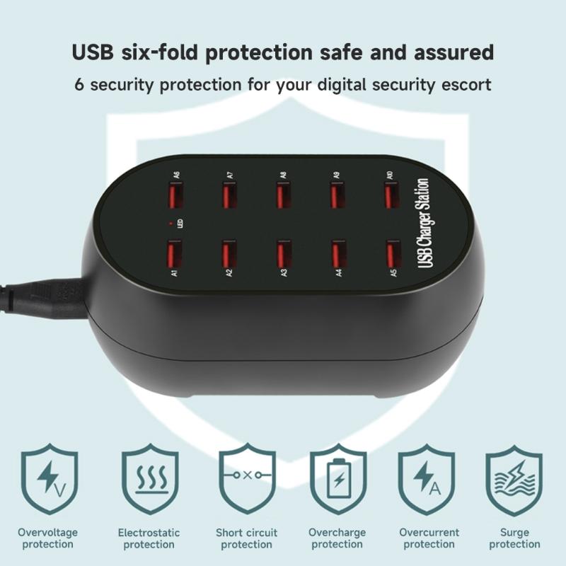 USB Charger Station,10/20Ports Charging Hub 100W 50W Desktop Compact Multi Port USB Charger for Phone, Tablet