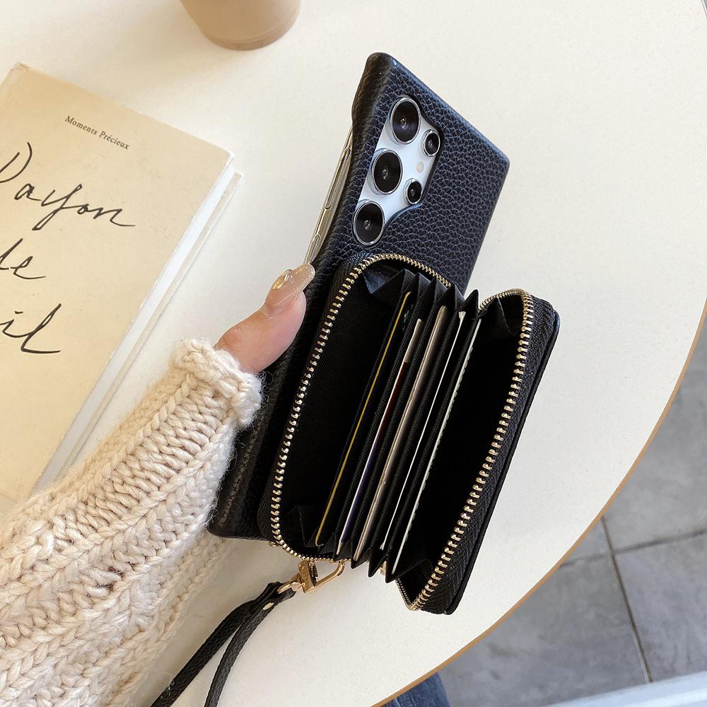 For Samsung Galaxy S24 Ultra Case Zipper Card Slots PU Leather Phone Back Cover with Wrist Strap