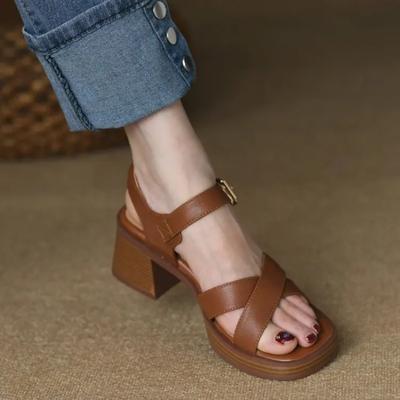 Women's Square Toe Sandals, Chunky Medium Heel Shoes, Open Toe, Comfortable, Go with Everything, Fashion, Summer,