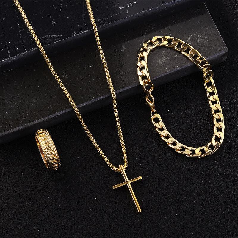 Ensemble 3 pièces Mode Hip-hop Couleur Argent Chaîne Cubaine Pendentif Croix Collier Bracelets Bagues pour Hommes Ensembles de Bijoux Personnalité Cadeaux