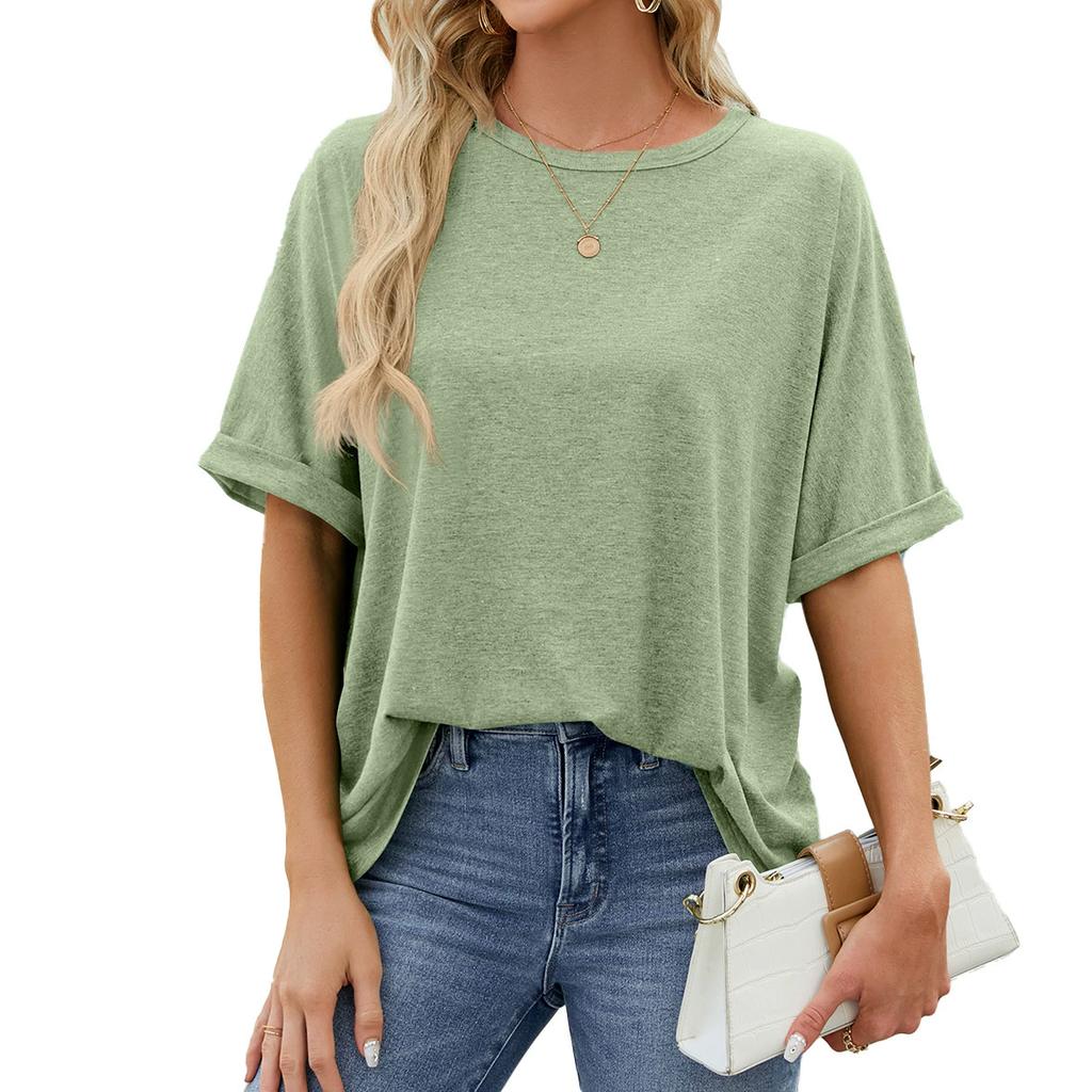 Summer New Solid Color Round Neck Large Size Loose Short Sleeve