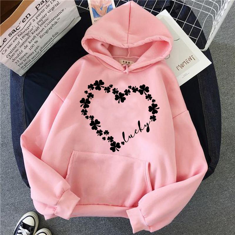 

Lucky Text Heart Floral Graphic Print Kangaroo Pocket Hoodies Women Fall Winter Long Sleeve Hoody Streetwear 90s Hooded Clothes XL