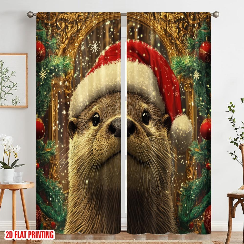 2pcs,2D plane printing Light Filtering Curtains Cute Otter Christmas Hat (3) Versatile Durable Polyester (without rod) Holiday