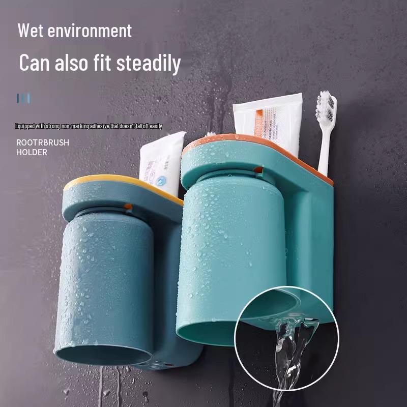 Wall-Mounted Toothbrush Holder & Cup Set - Punch-Free Bathroom Storage 
