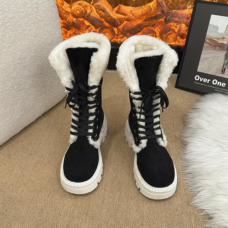 Women's Thick-soled Mid-calf Winter Warm Fur an Inner Lining Plush Snow Boots Non-slip Wear Casual Sports Martin Cotton Boots