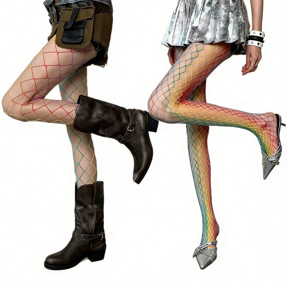 Süße Coole Dopamin Regenbogen Netzstrümpfe Y2K Hohe Taille Netz Durchbrochene Strumpfhosen Farbverlauf Sexy Strumpfhosen Damen Mode