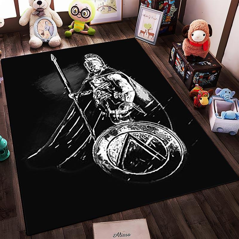 Black Warrior Carpet with Spear and Shield Design, Bold Artistic Style Suitable for use as an anti-slip for living room bedroom sofas