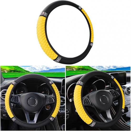 Bling Soft Leather Steering Wheel Cover, 15 Inch Colorful Rhinestones Auto Elastic Steering Wheel Protector, Sparkly Crystal Diamond For Women Girls,