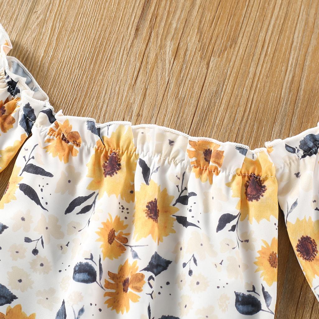 Infant Baby Girls 2 Pieces Outfits, Floral Print Boat-Neck Off-Shoulder Short Sleeve Rompers + Flare Pants Set