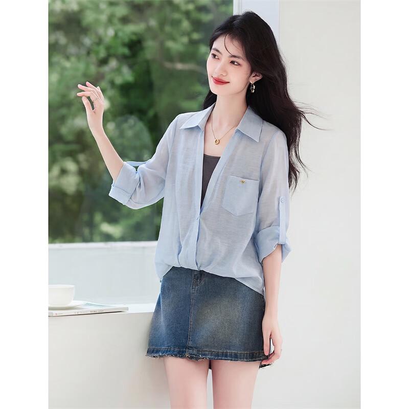 Women s Lyocell Linen Faux Two-Piece Loose Shirt L