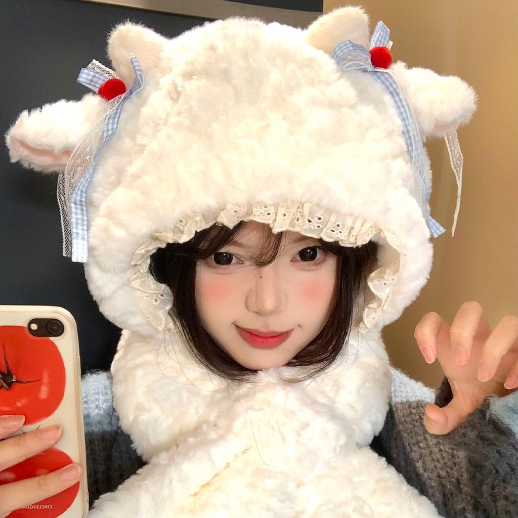 2025 sweet and cute little cashmere hat and scarf integrated women's winter velvet thickened warm and cold ear protection