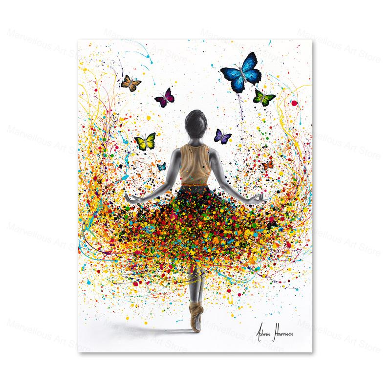 Beautiful Ballet Dancer Canvas Poster Prints Abstract Butterfly Flower Watercolor Canvas Painting Wall Art Pictures Home Decor