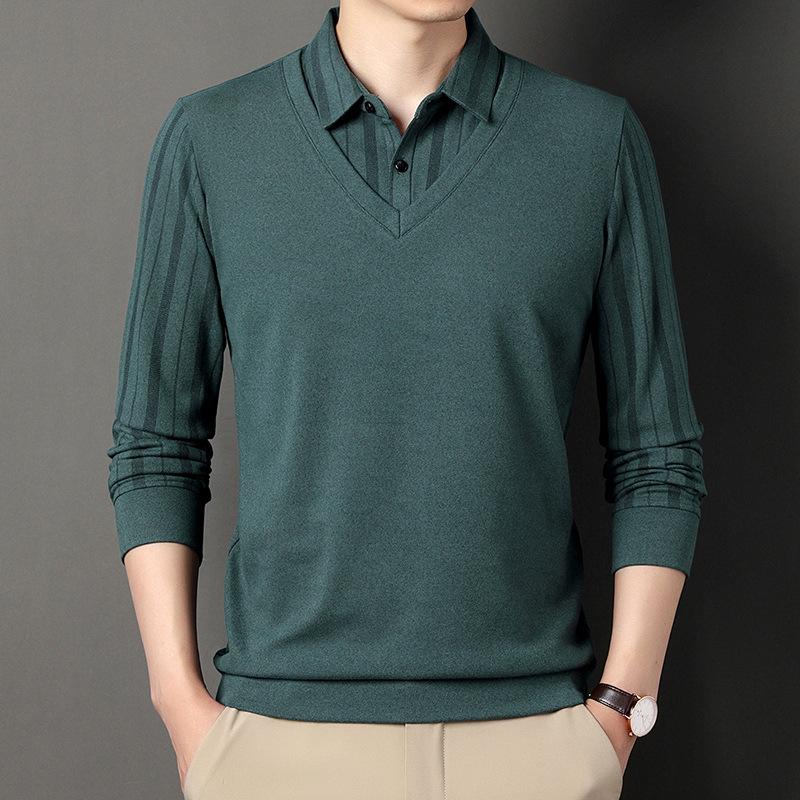 Men's New Autumn and Winter Long-sleeved T-shirt Polo Shirt for Young and Middle-aged People with Lapel Trendy Striped Bottoming Shirt for Men