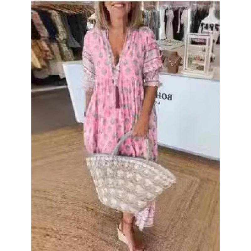 Women's Summer Bohemian V-neck Fashion Print Lantern Sleeve High Waist Swing Dress
