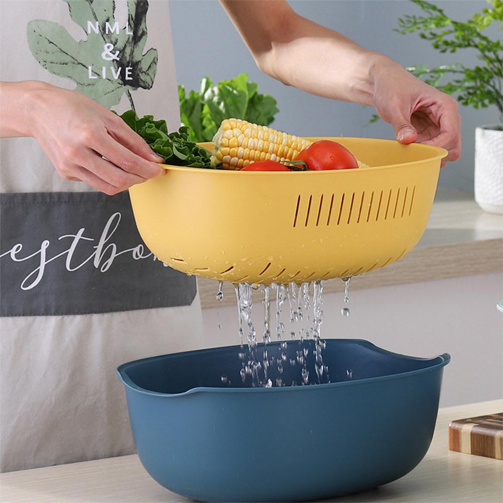 1Pcs Double-Layer Plastic Drain Basket Food-Grade Stackable Fruit Vegetable Washing Sieve with Hidden Drain Layer Oval Dark Blue