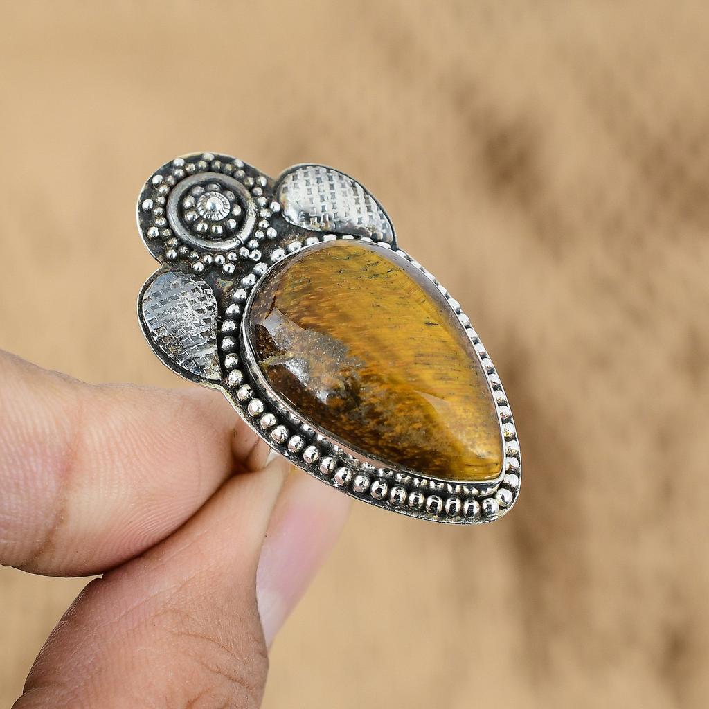 Pear Tiger's Eye Stone Promise New Flower Anniversary Engagement Ring 925 Silver