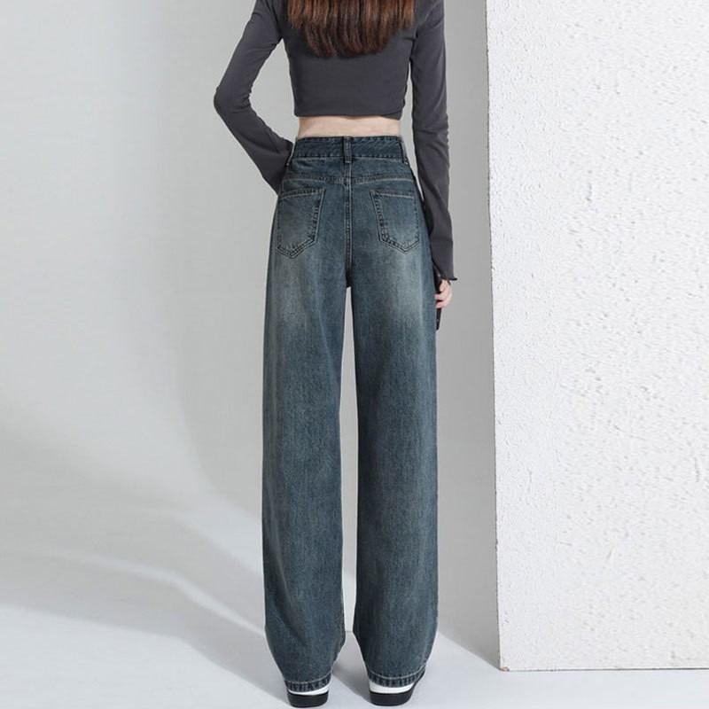 Nostalgic Retro Jeans Women's Spring Leather Brand Design Sense Ic Loose High Waist Straight Mopping Pants