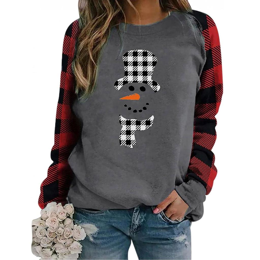 Damenmode Plaid Patchwork Weihnachtsdruck Rundhals Langarm T-Shirt Top