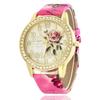Women's Floral Leather Belt Quartz Watch with Diamond Accents