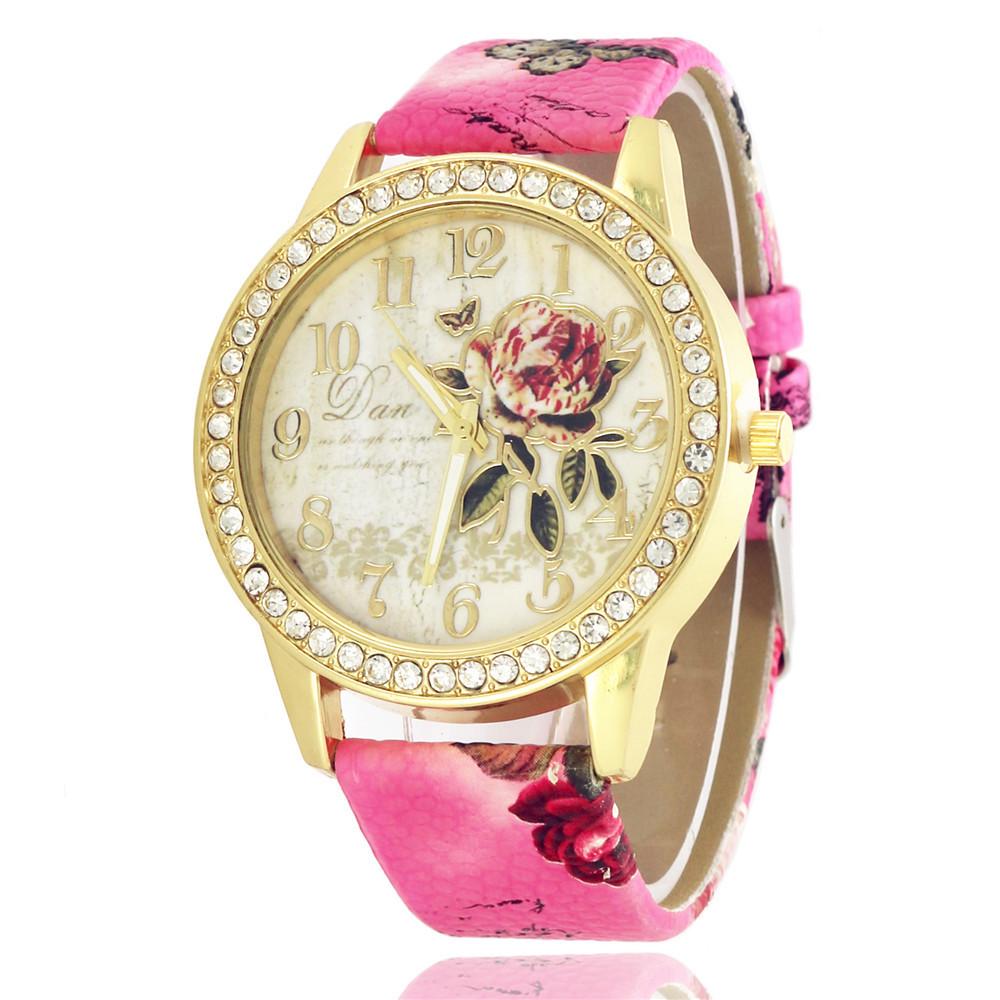 Women's Floral Leather Belt Quartz Watch with Diamond Accents