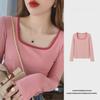 Women's 2024 Spring Korean Style Slim Fit Square Collar Long-Sleeve Top