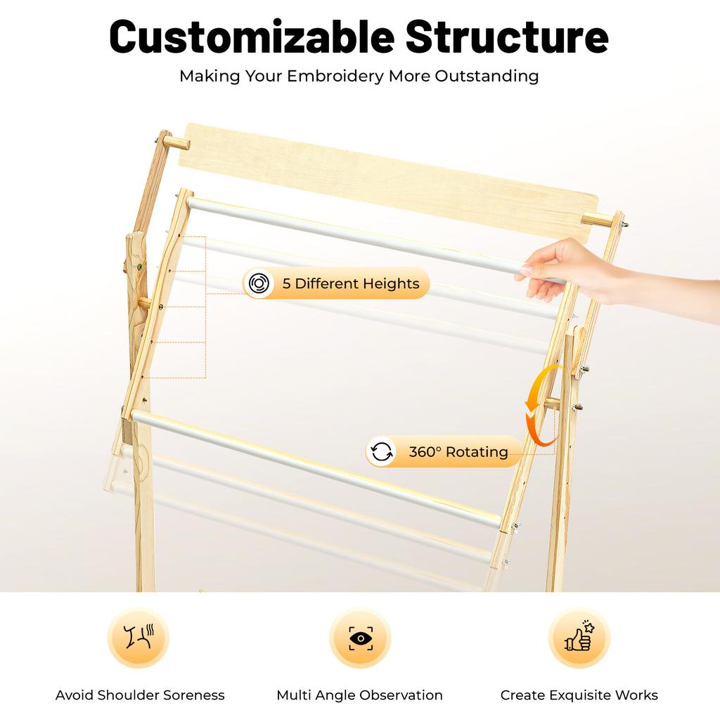 Adjustable Embroidery Stand Holder, 5-Gear Height & 360° Rotation,Pine Wood Frame for Cross Stitch, Needlework, Craft
