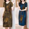 Summer Women Dress Round Neck Short Sleeves Vintage Print Slim Fit Knee Length Pleated Mid-aged Women Office Prom Party Midi Dress