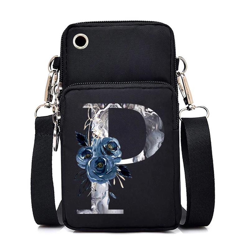 Blue Roses Alphabet Print Small Shoulder Bag 26 Letters Mini Crossbody Phone Bag for Women